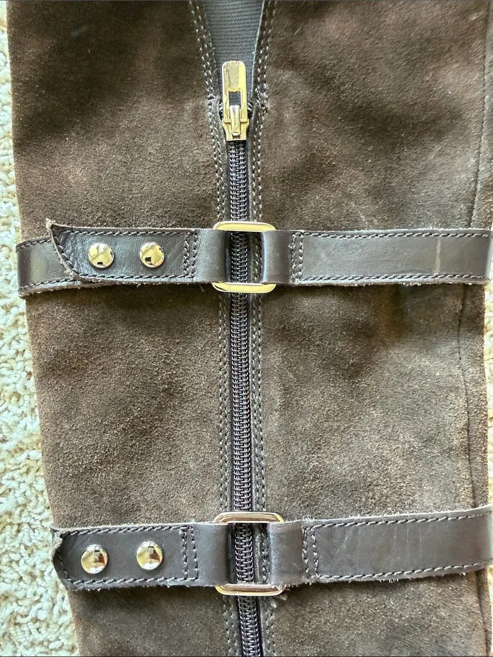 ANTONIO MELANI Brown Suede Wedge Knee Boots with Strap Accents